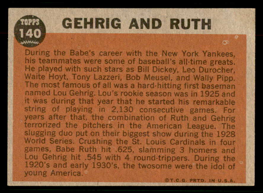 1962 Topps Baseball #140 Babe Ruth Lou Gehrig EX-MT 567289