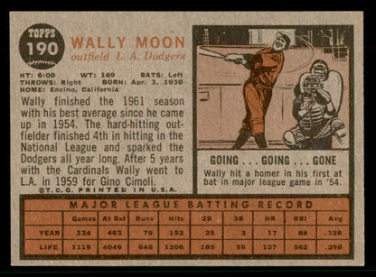 1962 Topps Baseball #190 Wally Moon Dodgers EX-MT Variation 567290