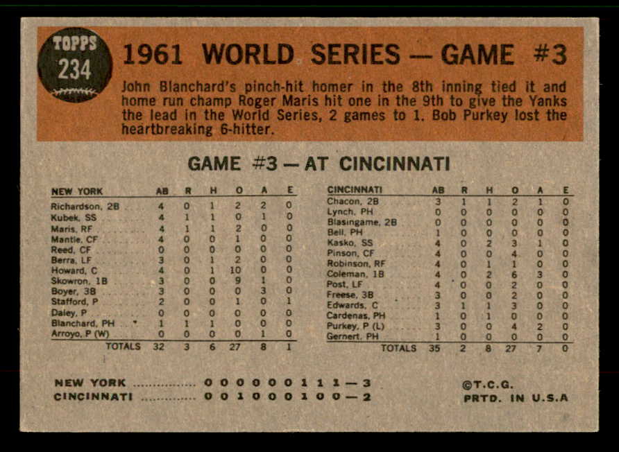 1962 Topps Baseball #234 World Series Game 3 Roger Maris EX-MT 567292
