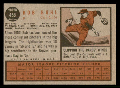 1962 Topps Baseball #458 Bob Buhl Cubs EX-MT No Emblem 567295