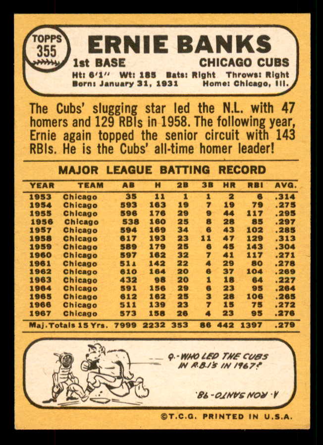 1968 Topps Baseball #355 Ernie Banks Cubs EX-MT 567311