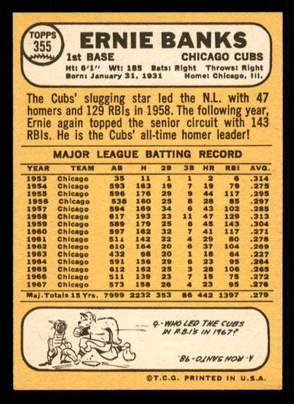 1968 Topps Baseball #355 Ernie Banks Cubs EX-MT 567311