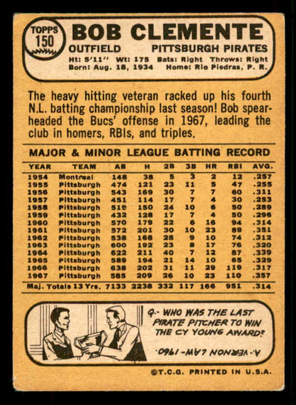 1968 Topps Baseball #150 Roberto Clemente Pirates VG-EX 567314