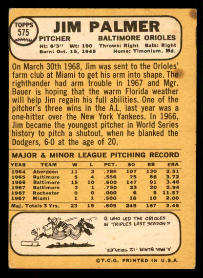 1968 Topps Baseball #575 Jim Palmer Orioles VG-EX 567316