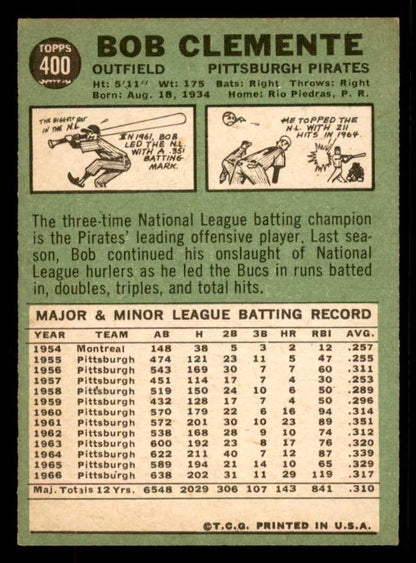 1967 Topps Baseball #400 Roberto Clemente Pirates EX-MT 567319
