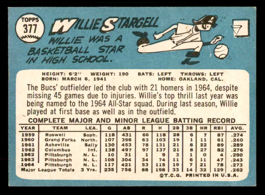 1965 Topps Baseball #377 Willie Stargell Pirates EX-MT 567329