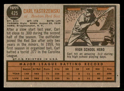 1962 Topps Baseball #425 Carl Yastrzemski Red Sox VG-EX 567337