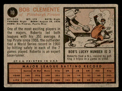 1962 Topps Baseball #010 Roberto Clemente Pirates VG-EX 567338