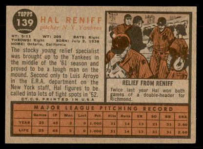 1962 Topps Baseball #139 Hal Reniff Yankees VG-EX Variation 567342