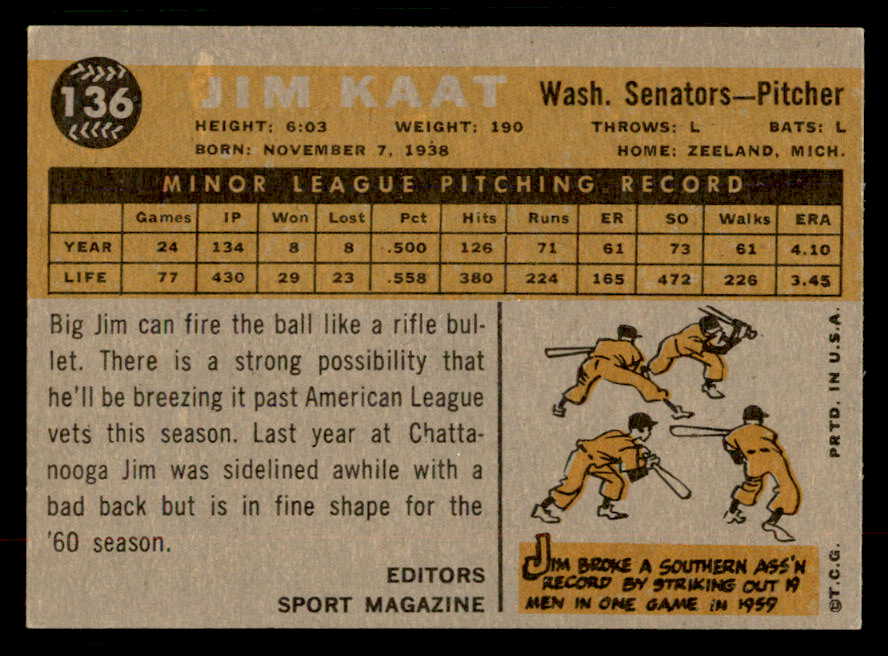 1960 Topps Baseball #136 Jim Kaat Senators EX-MT 567347