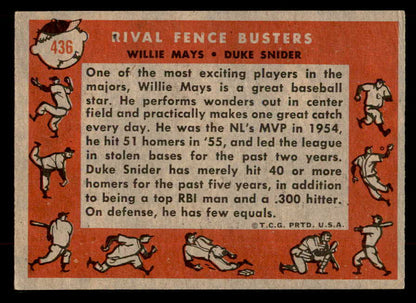 1958 Topps Baseball #436 Willie Mays Duke Snider EX-MT 567352