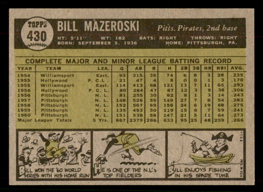 1961 Topps Baseball #430 Bill Mazeroski Pirates EX-MT 567356