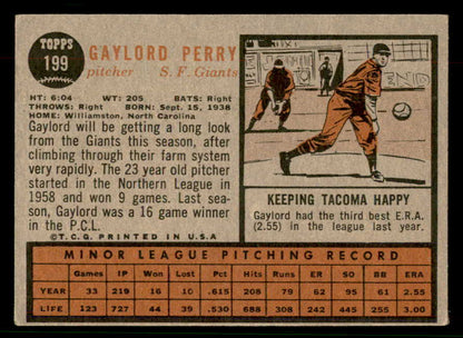 1962 Topps Baseball #199 Gaylord Perry Giants VG 567373