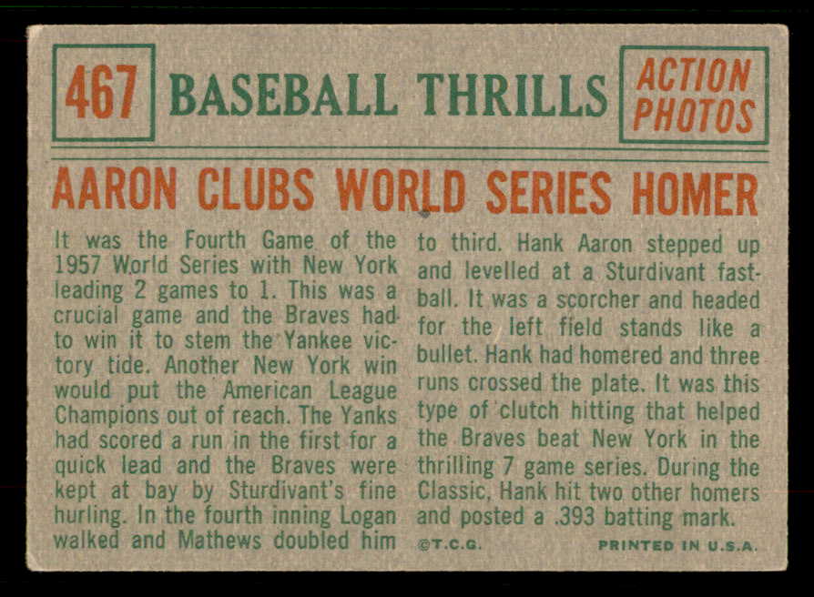1959 Topps Baseball #467 Hank Aaron IA Braves EX 567381