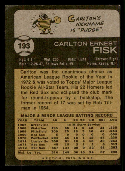 1973 Topps Baseball #193 Carlton Fisk Red Sox EX-MT 567390