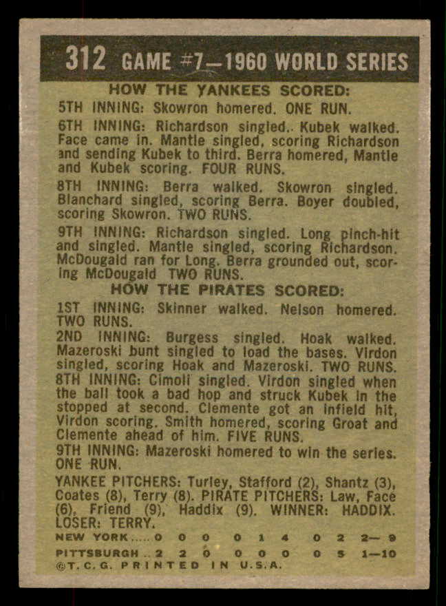 1961 Topps Baseball #312 World Series Game 7 Mazeroski VG-EX 567394