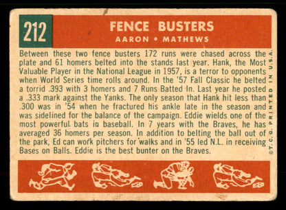 1959 Topps Baseball #212 Hank Aaron Eddie Mathews VG 567416