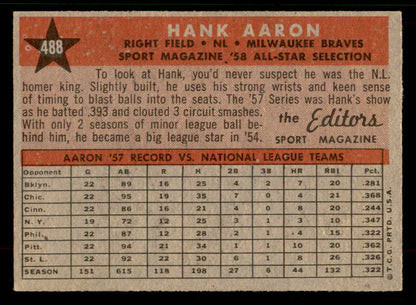 1958 Topps Baseball #488 Hank Aaron A.S. Braves EX 567420