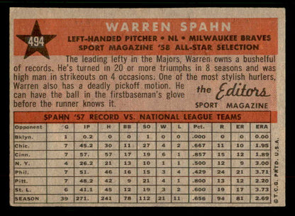 1958 Topps Baseball #494 Warren Spahn A.S. Braves EX 567421