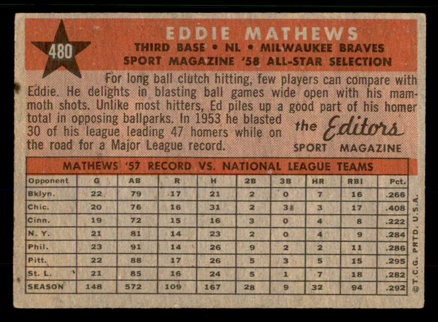 1958 Topps Baseball #480 Eddie Mathews A.S. Braves EX 567422