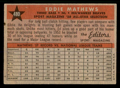1958 Topps Baseball #480 Eddie Mathews A.S. Braves EX 567422