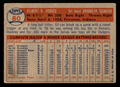 1957 Topps Baseball #080 Gil Hodges Dodgers VG 567426
