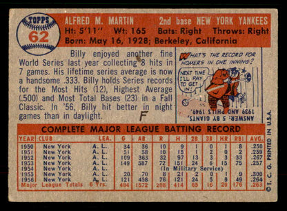 1957 Topps Baseball #062 Billy Martin Yankees VG 567427