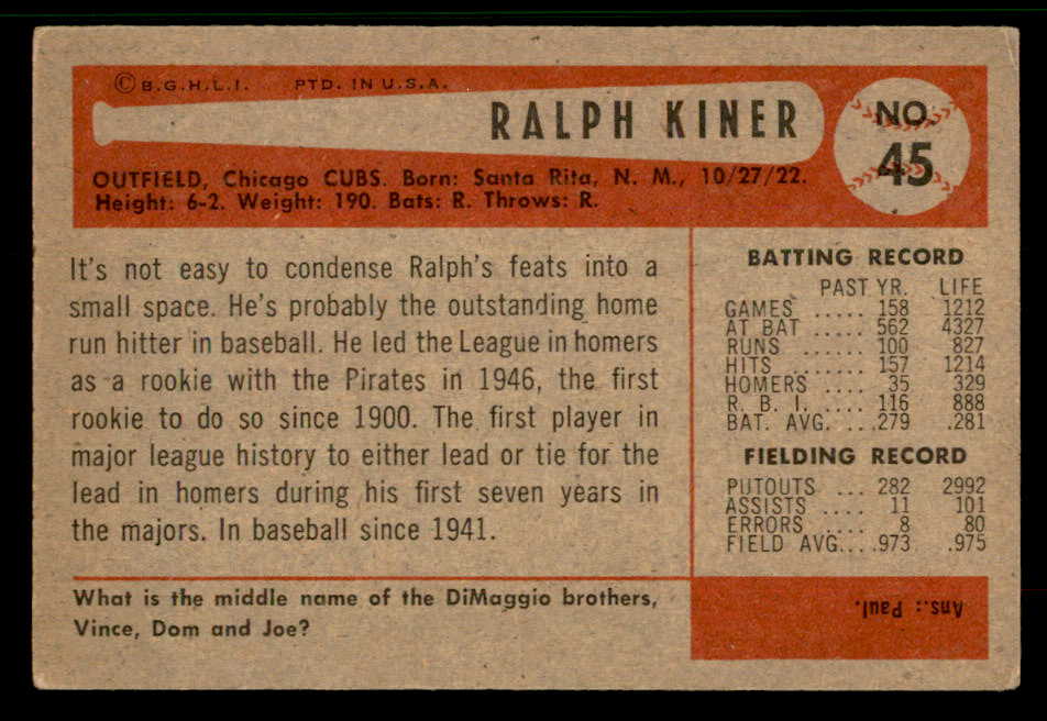 1954 Bowman Baseball #045 Ralph Kiner Cubs VG-EX 567430