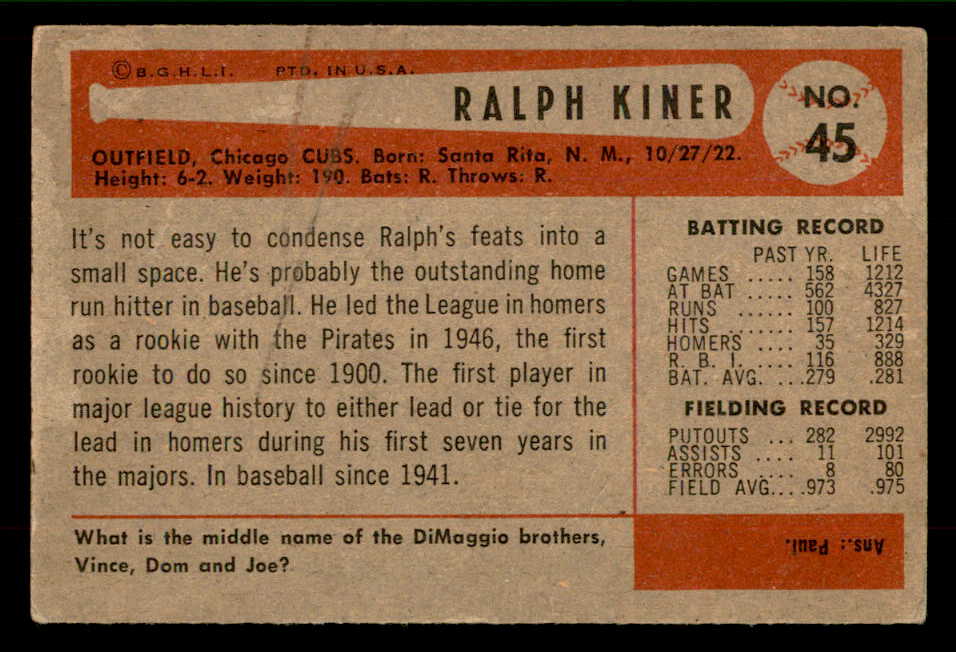 1954 Bowman Baseball #045 Ralph Kiner Cubs VG 567431