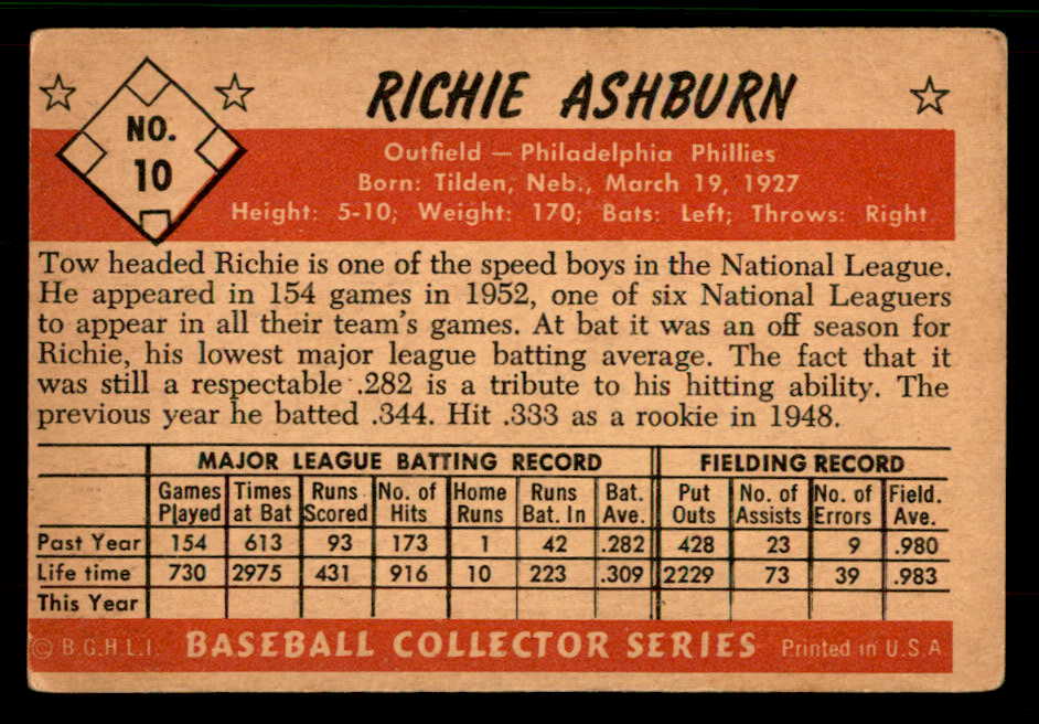1953 Bowman Color Baseball #010 Richie Ashburn Phillies VG 567433