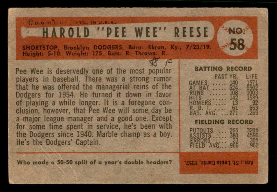 1954 Bowman Baseball #058 Pee Wee Reese Dodgers VG 567434