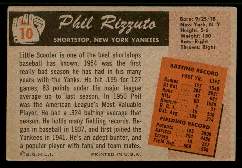1955 Bowman Baseball #010 Phil Rizzuto Yankees VG-EX 567436