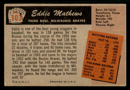 1955 Bowman Baseball #103 Eddie Mathews Braves EX+/EX-MT 567437