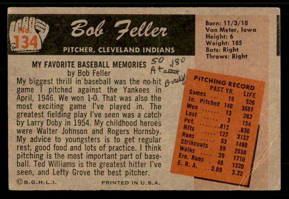 1955 Bowman Baseball #134 Bob Feller Indians Good 567440