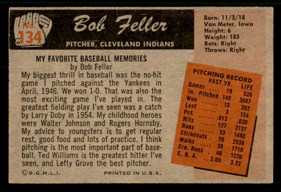 1955 Bowman Baseball #134 Bob Feller Indians VG 567441