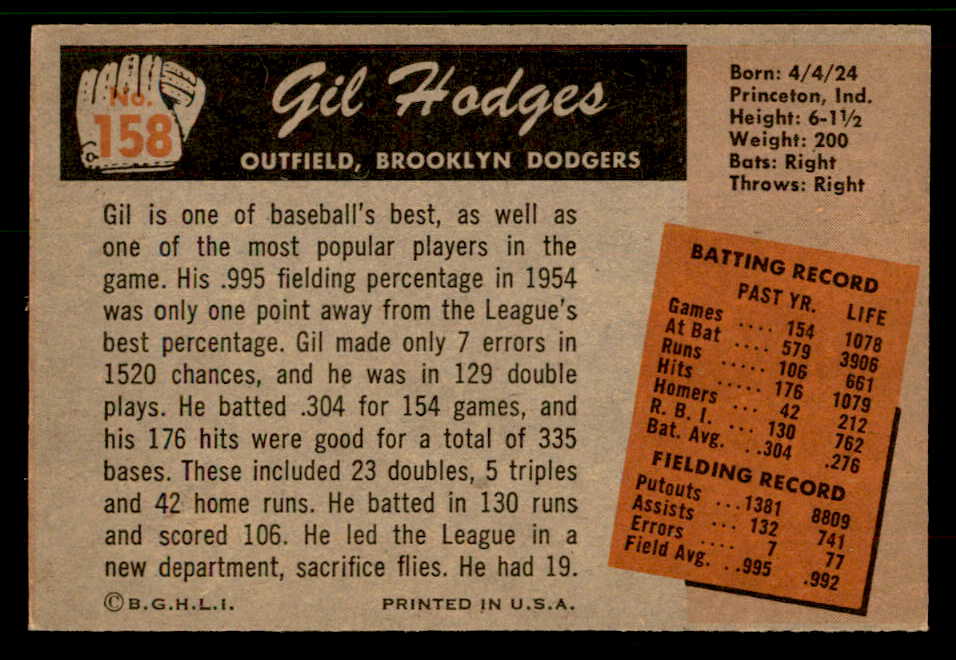 1955 Bowman Baseball #158 Gil Hodges Dodgers EX-MT 567442