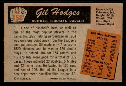 1955 Bowman Baseball #158 Gil Hodges Dodgers EX-MT 567442