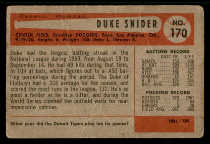 1954 Bowman Baseball #170 Duke Snider Dodgers Good 567443