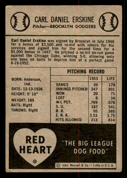 1954 Red Heart Carl Erskine Dodgers VG 567445