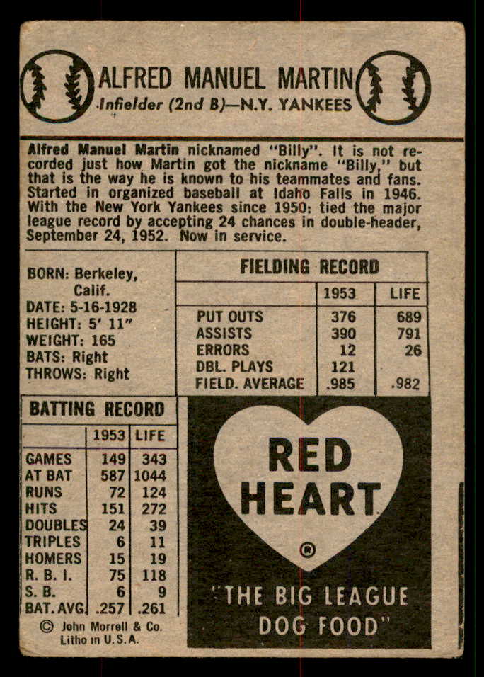 1954 Red Heart Billy Martin Yankees VG 567448