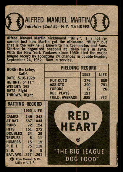 1954 Red Heart Billy Martin Yankees VG 567448