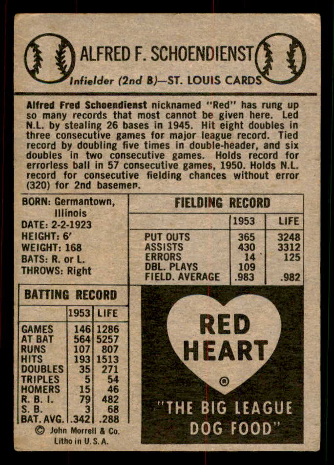1954 Red Heart Red Schoendienst Cardinals VG 567451