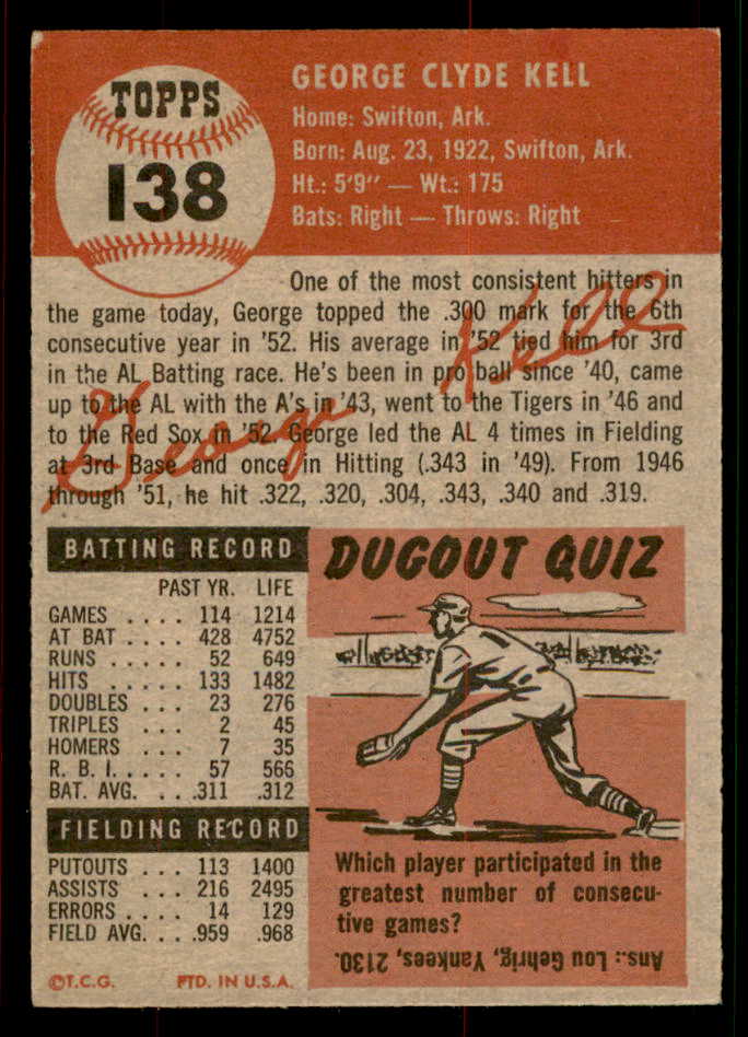 1953 Topps Baseball #138 George Kell Red Sox EX-MT/NR-MT 567454