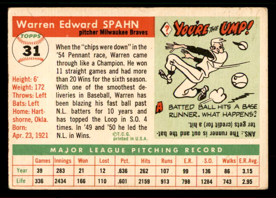 1955 Topps Baseball #031 Warren Spahn Braves VG 567457