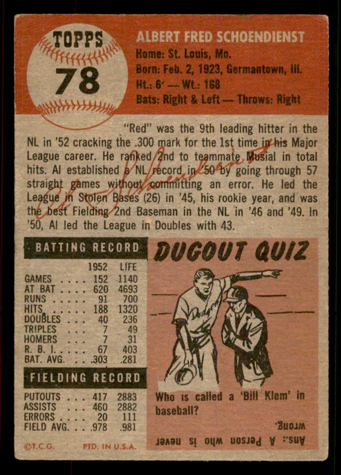 1953 Topps Baseball #078 Red Schoendienst Cardinals VG-EX 567458