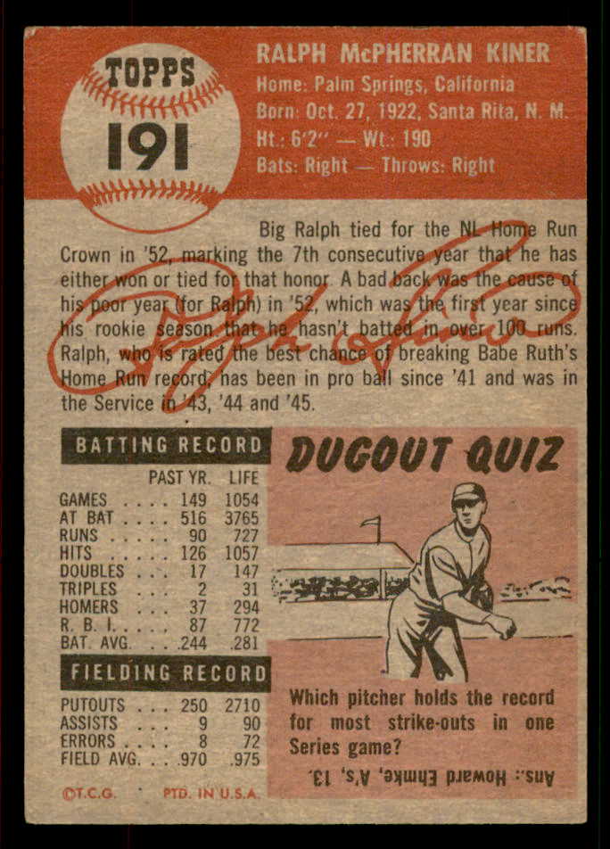 1953 Topps Baseball #191 Ralph Kiner Pirates VG-EX 567459