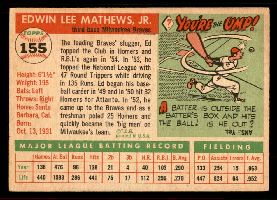 1955 Topps Baseball #155 Eddie Mathews Braves VG-EX 567465