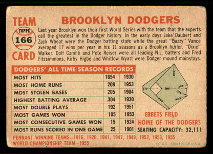 1956 Topps Baseball #166 Brooklyn Dodgers Team VG White 567469