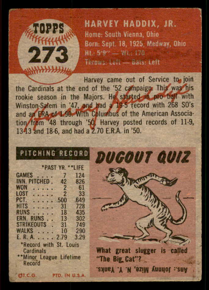 1953 Topps Baseball #273 Harvey Haddix Cardinals VG-EX 567472