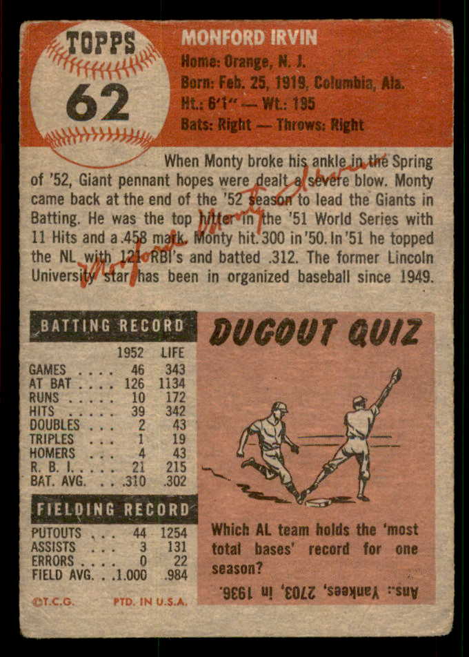 1953 Topps Baseball #062 Monte Irvin Giants FR-GD 567474
